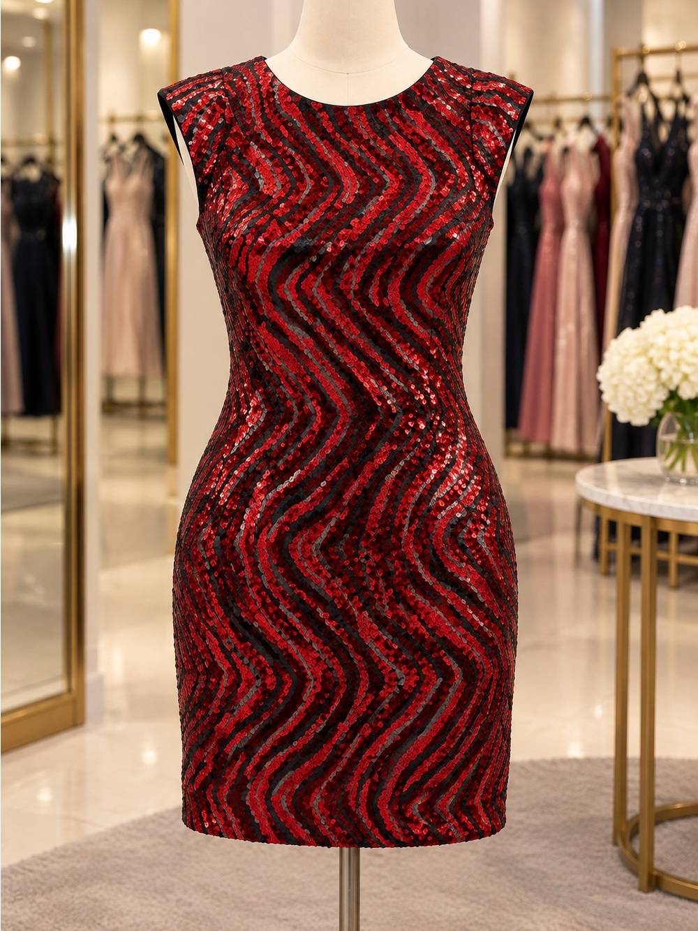 GUESS Red and Black Sequin Mini Dress